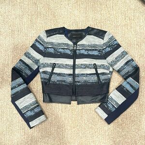 BCBG BCBGMAXAZRIA Nixon Moto Stripe Leather Trim Cropped Jacket Suit Blue XS